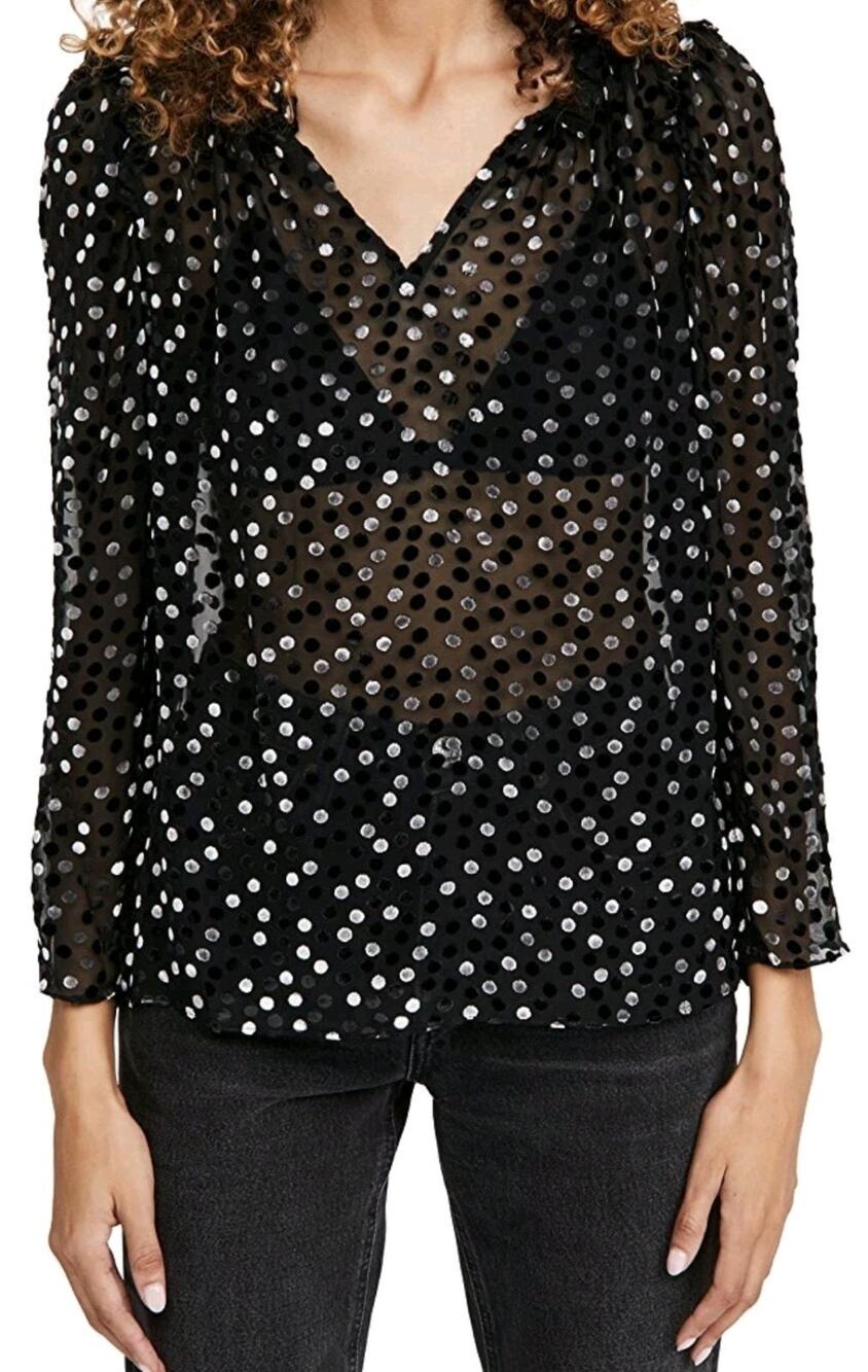 Rebecca Taylor Long Sleeve Velvet Dot Blouse Sz 12 Silk Sheer, Retail $350